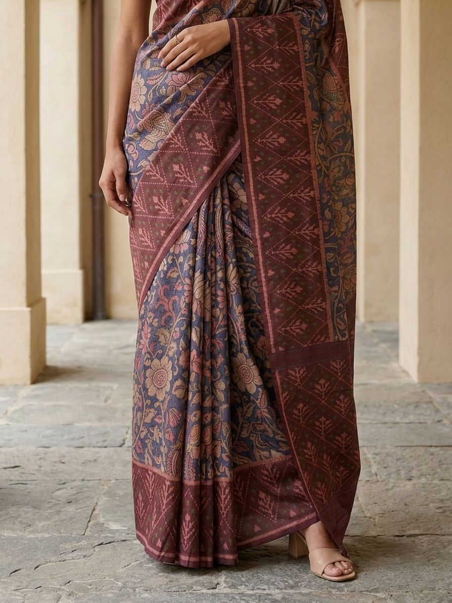 Indigo Blue Kalamkari print with Patola Border On Raw Artsilk Fabric