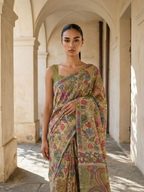 Mustard Yellow Lotus Kalamkari On Banarasi ArtSilk Fabric