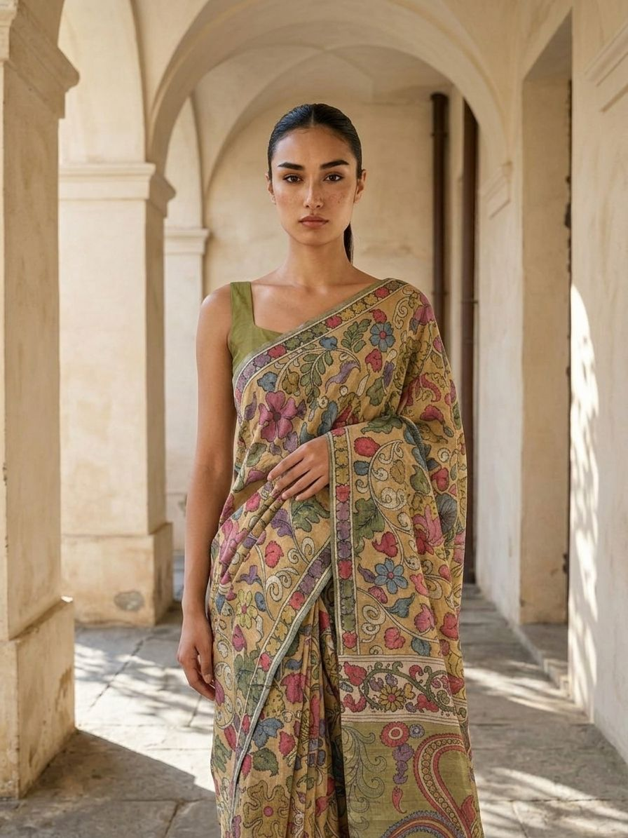 Mustard Yellow Lotus Kalamkari On Banarasi ArtSilk Fabric