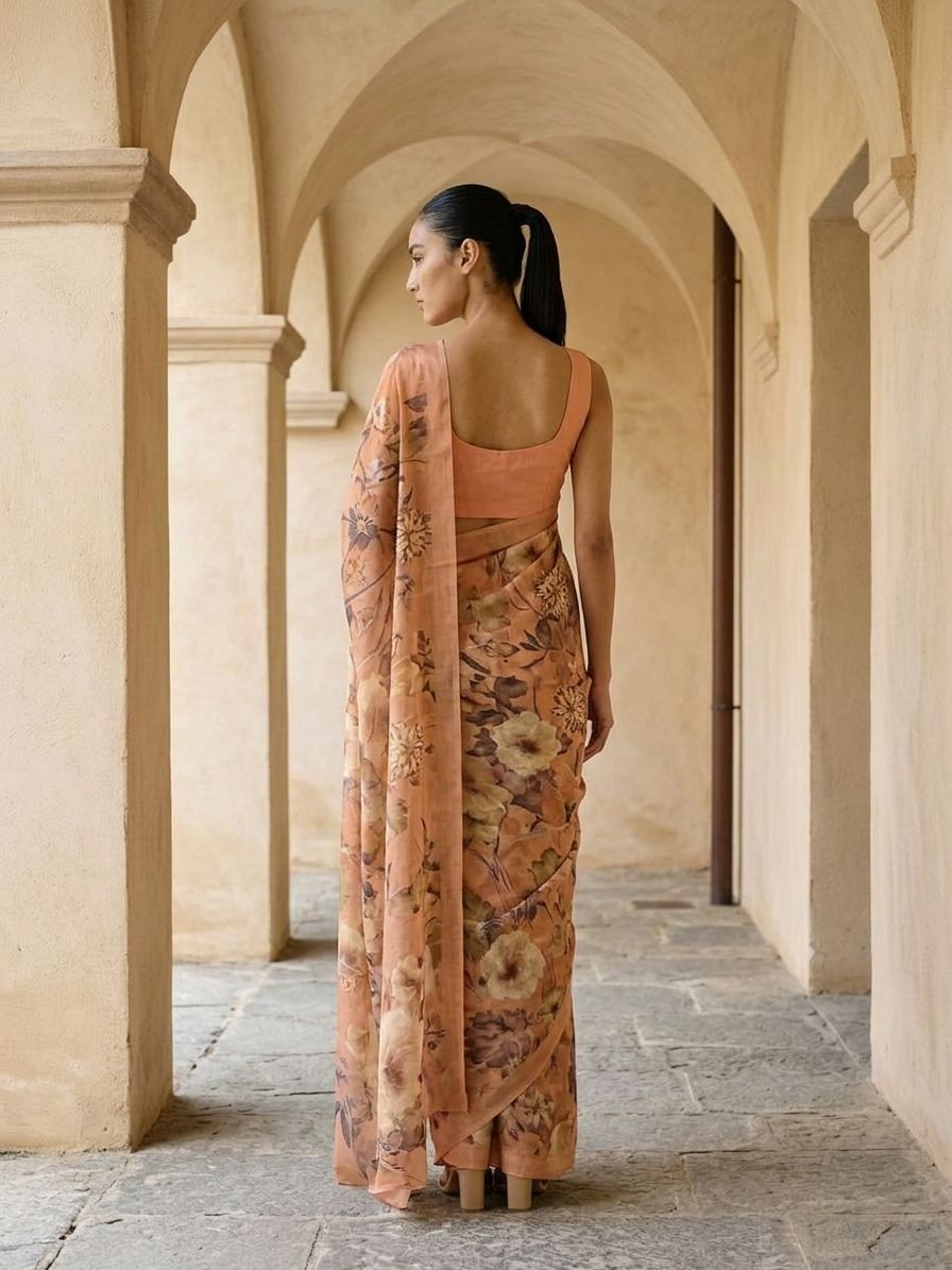 FLORAL DESIGN SAREE - Ivory Cream