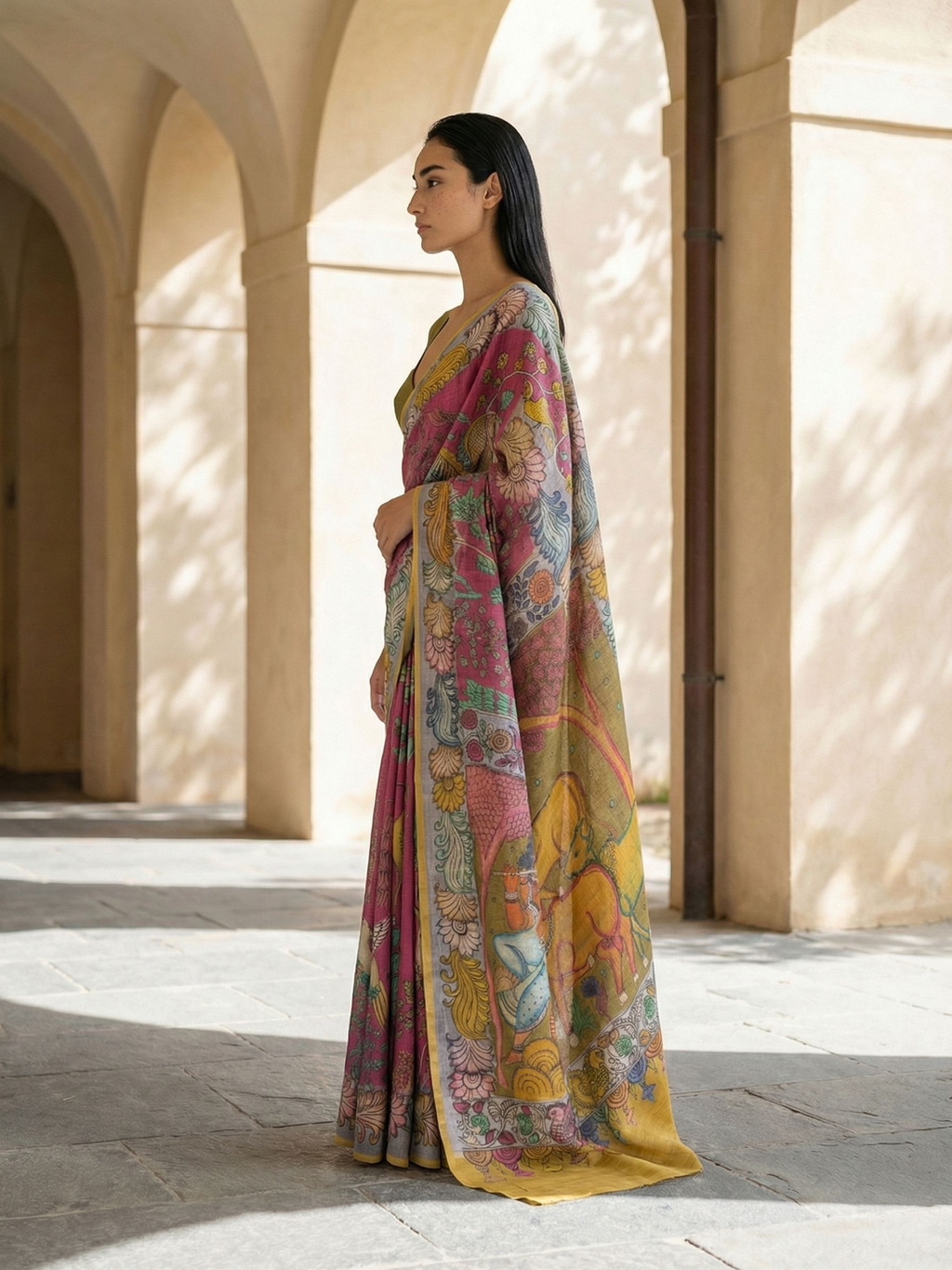 Red Kalamkari Saree on Banarasi Artsilk Fabric