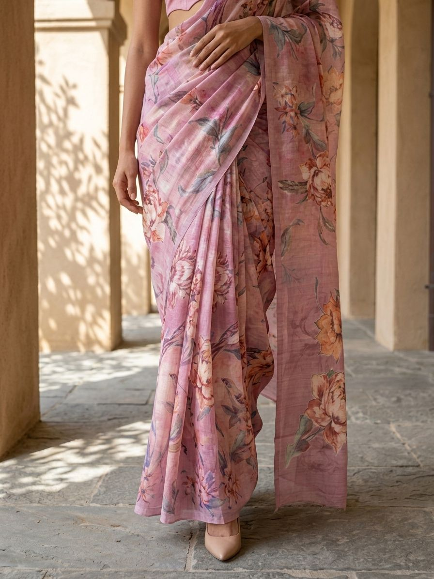 Gul Saree - Unique FLoral Design Digital Print On Tusser Silk