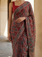 Red Rich Ajrakh Saree On Modal Satin Fabric