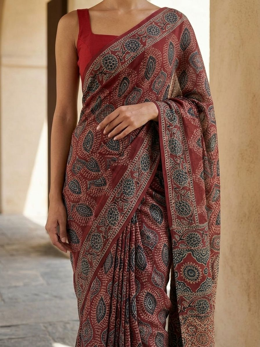 Red Rich Ajrakh Saree On Modal Satin Fabric