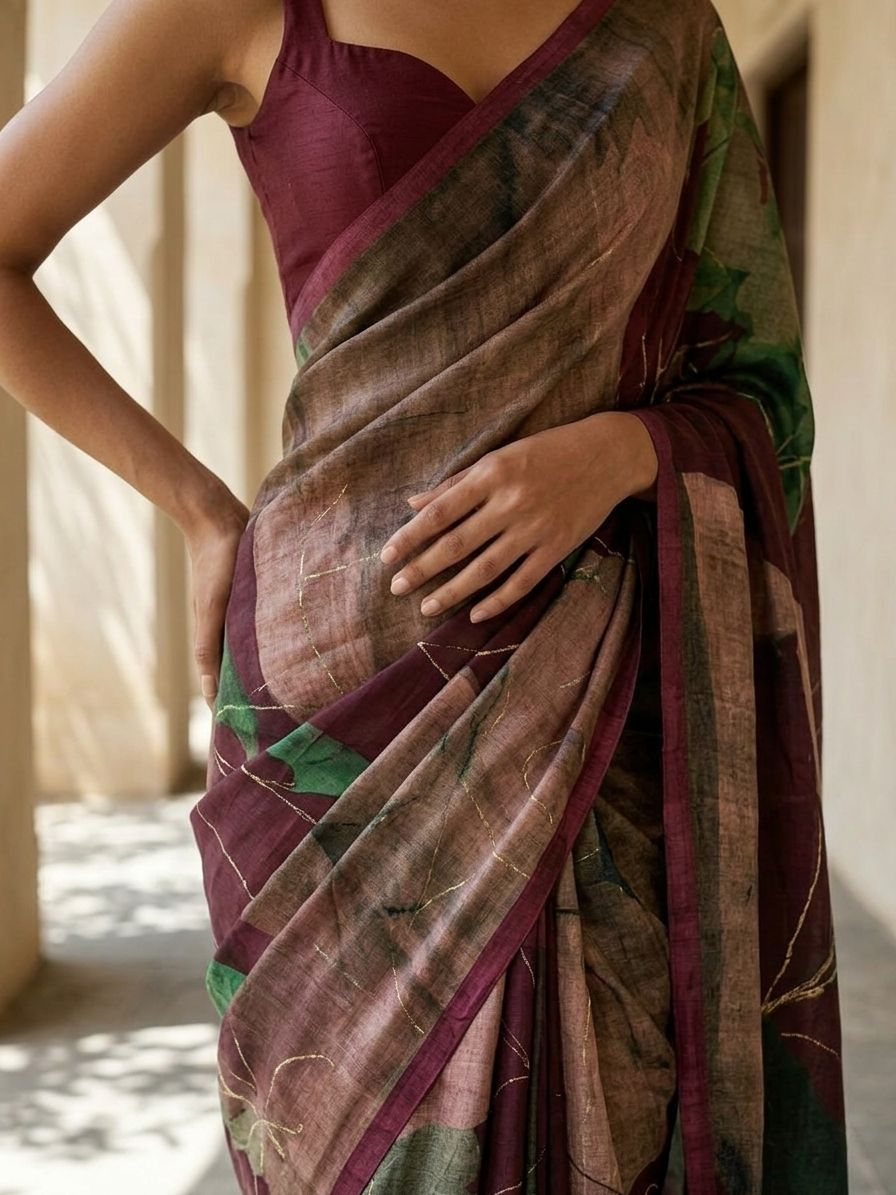 Maroon Color Abstract Digital Print Saree On Modal Satin