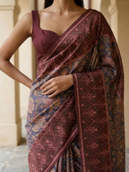 Indigo Blue Kalamkari print with Patola Border On Raw Artsilk Fabric