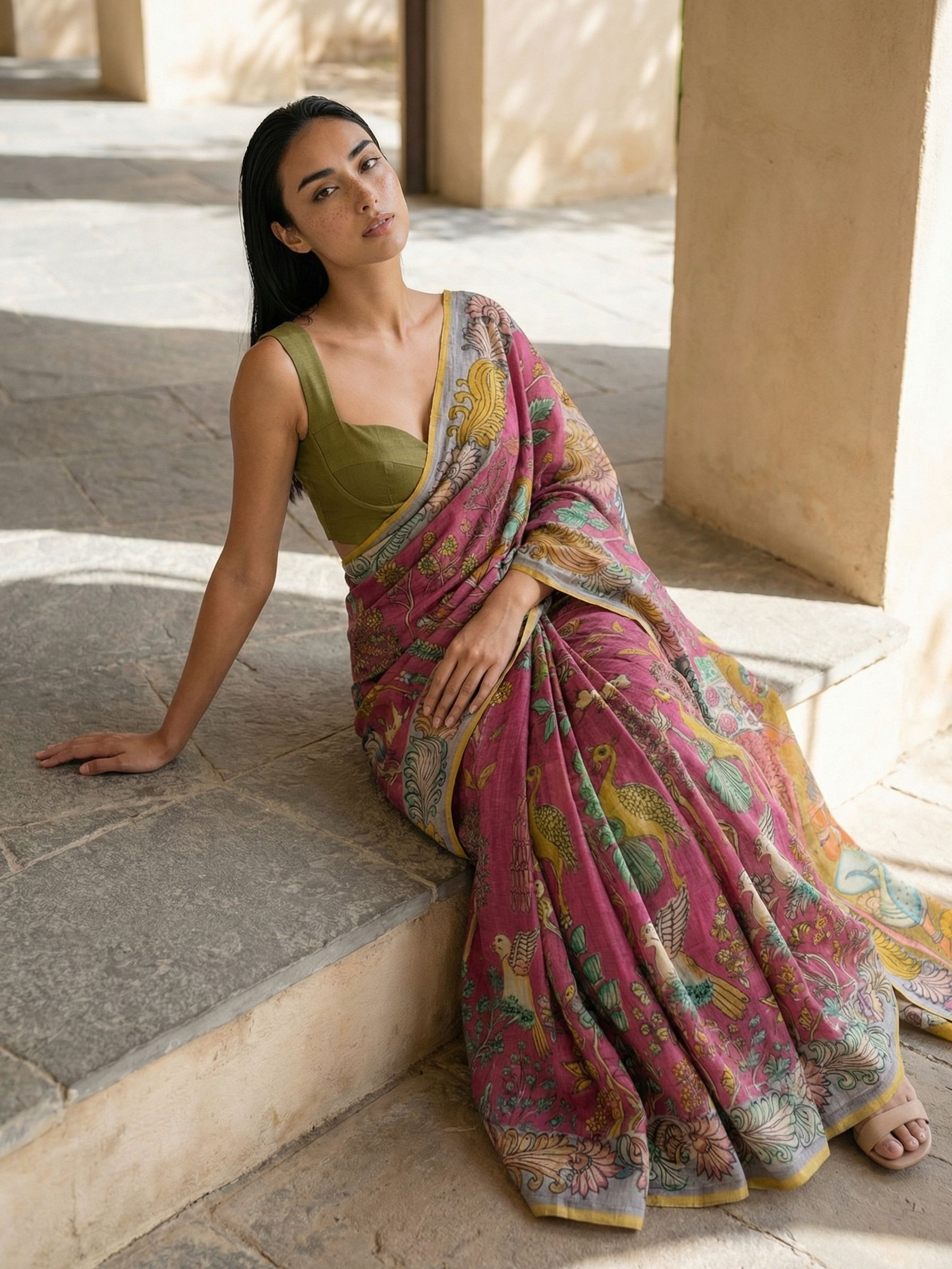 Red Kalamkari Saree on Banarasi Artsilk Fabric