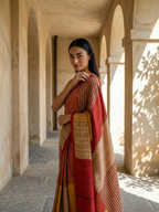 Red With Yellow Color Coral Geometric Pattern on Modal Satin Fabric