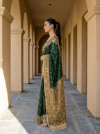 Deep Forest Green Ikkat With Kalamkari Print On Raw ArtSilk Fabric
