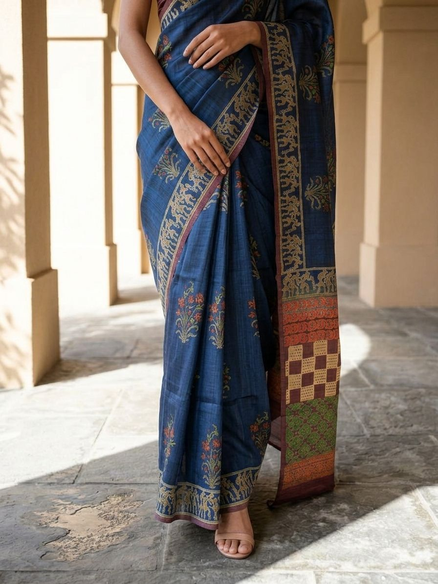 Ajarak Block With Bagru Print  On Tusser Silk Saree