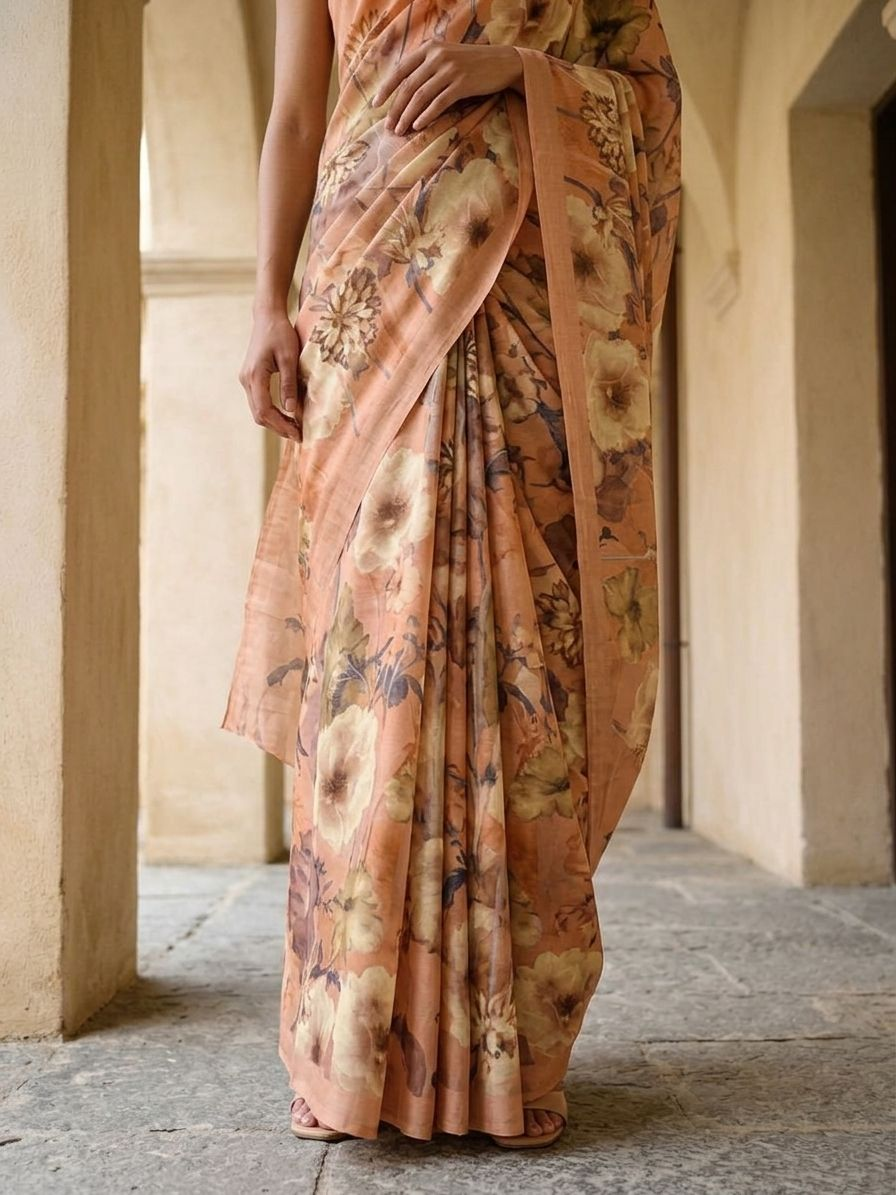 Beige Bloom Royale Mulberry Silk Saree