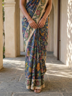 Deep Blue Color Kalamkari Print on Banarasi ArtSilk Saree