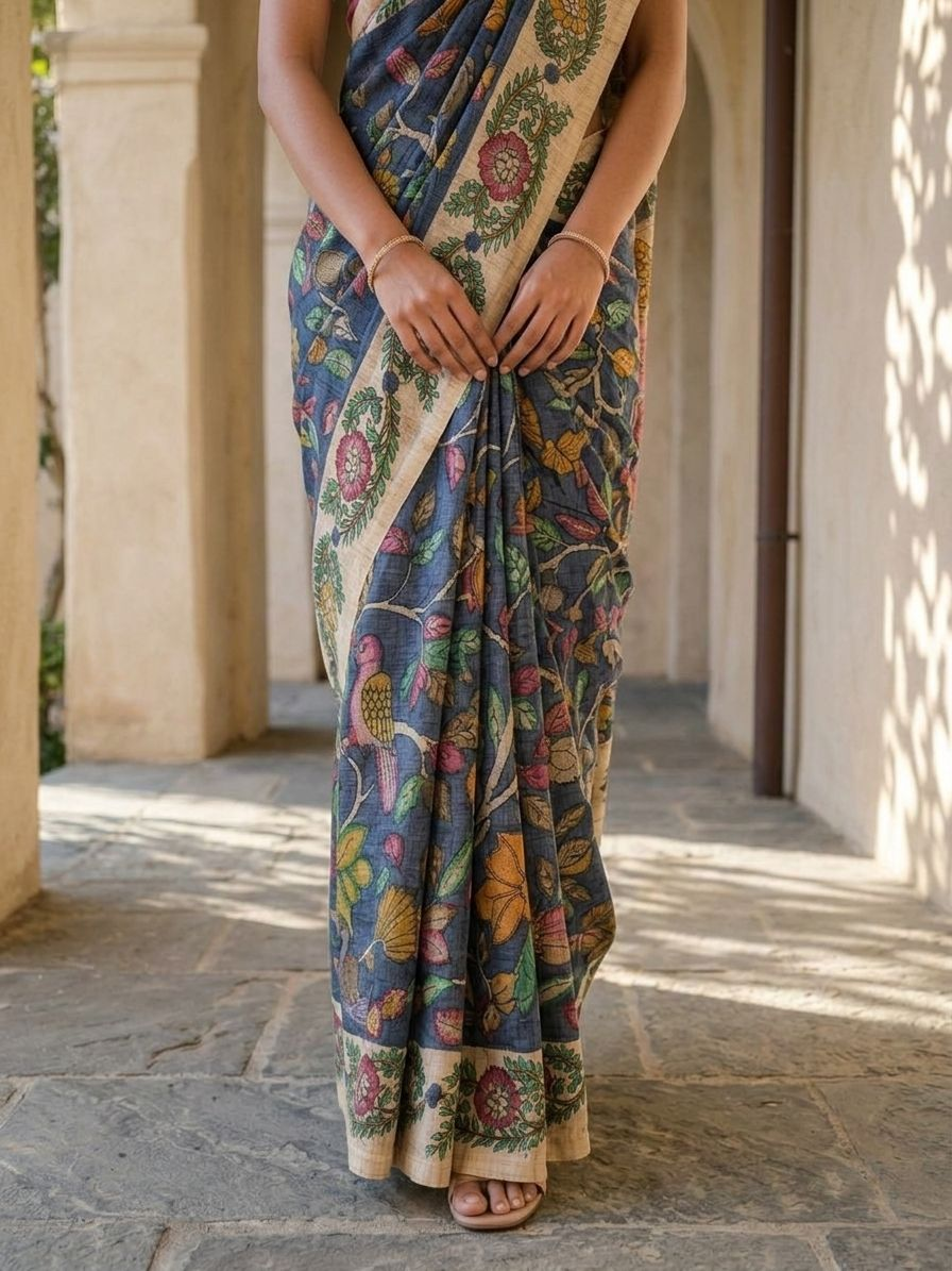 Deep Blue Color Kalamkari Print on Banarasi ArtSilk Saree