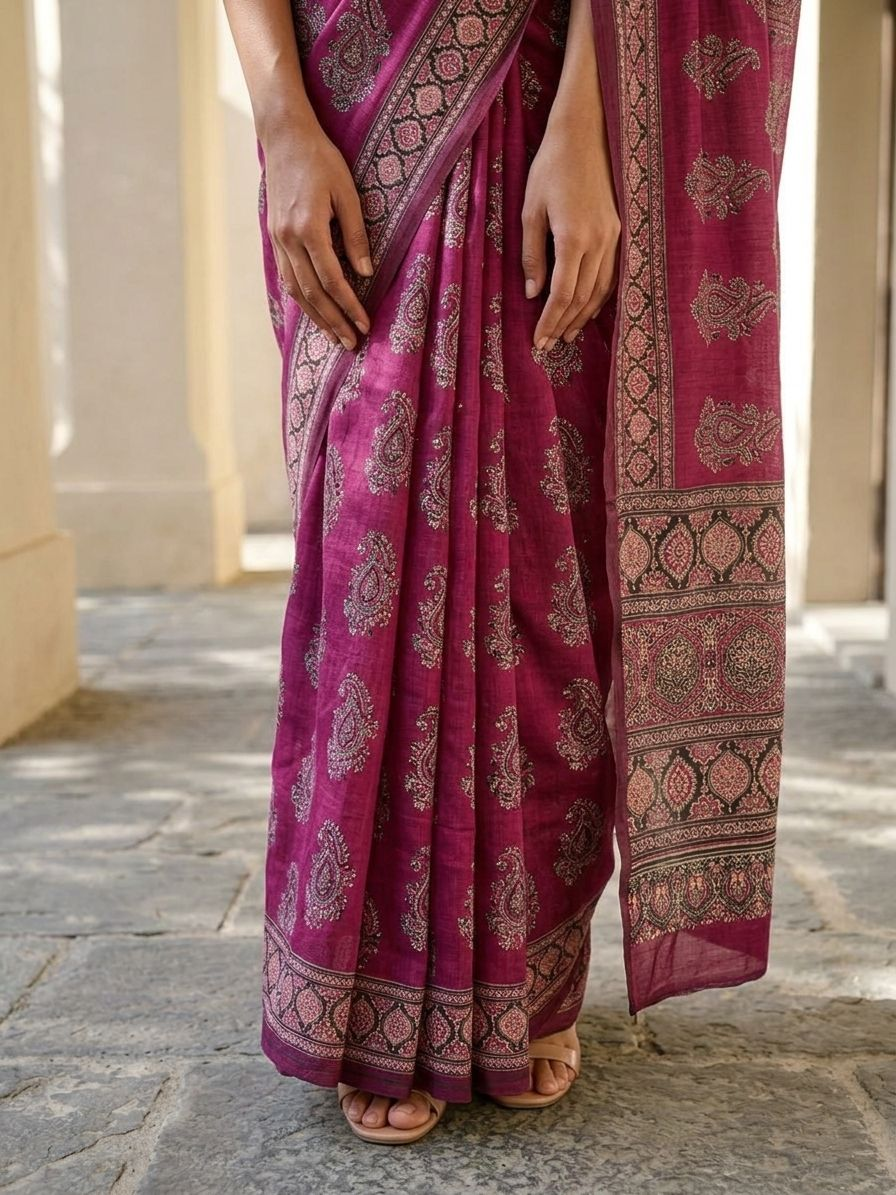 Pink Moonlight Ajrakh On Modal Satin Fabric