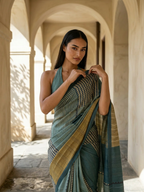 Navy Blue With Tusser Color Coral Geomteric Design On Modal Satin Fabric