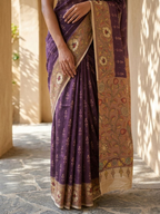 Purple Ikkat With Kalamkari Print On Raw Art Silk Fabric