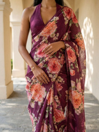 Maroon Color  Flora Tusser silk Saree