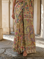 Mustard Yellow Lotus Kalamkari On Banarasi ArtSilk Fabric
