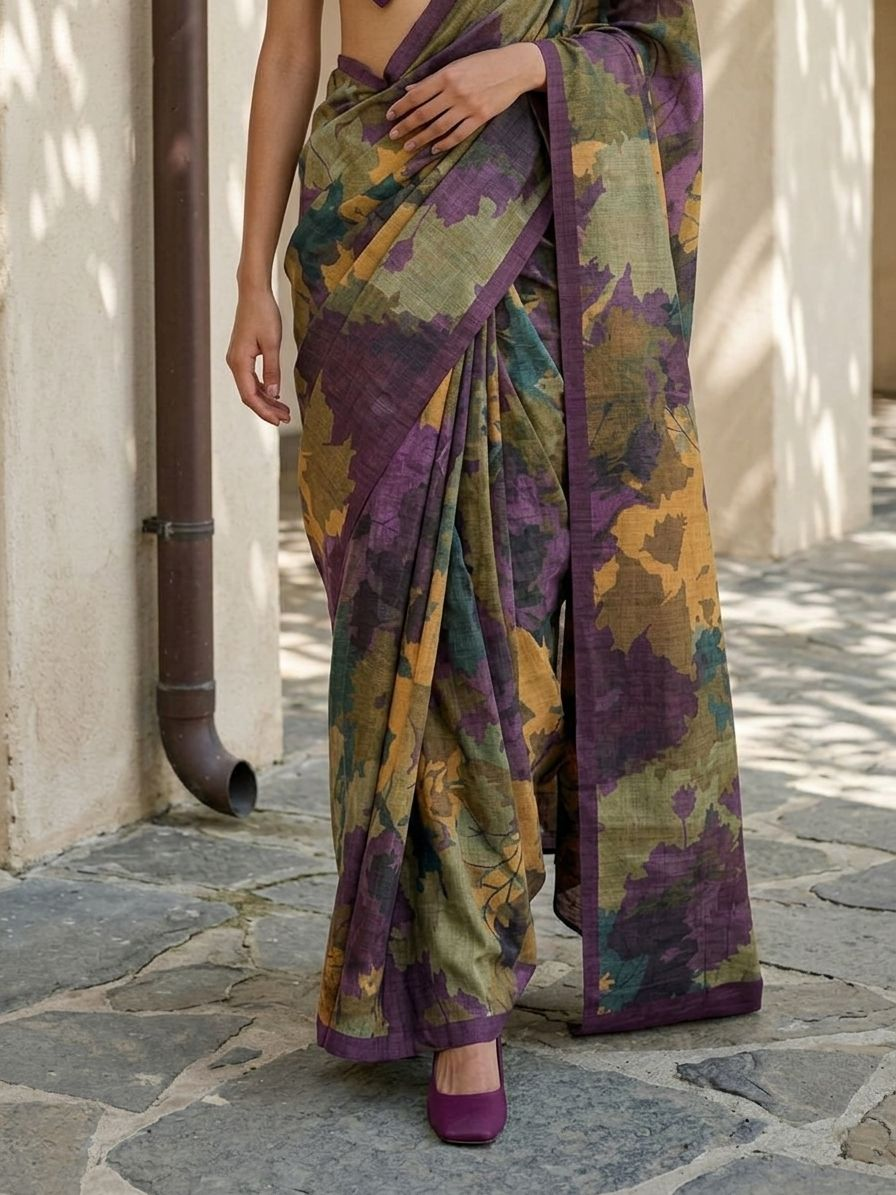 Maroon Color Geomteric Leaf Design On Raw Artsilk Fabric