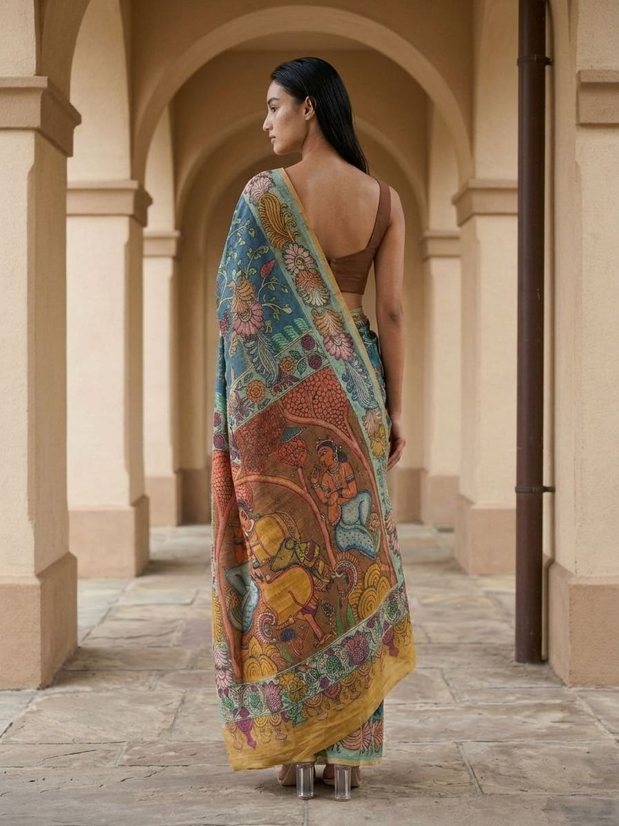 Blue Kalamkari Saree on Banarasi ArtSilk Fabric