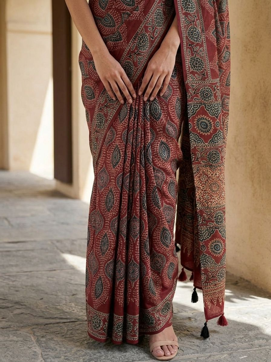 Red Rich Ajrakh Saree On Modal Satin Fabric