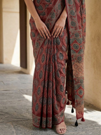 Red Rich Ajrakh Saree On Modal Satin Fabric