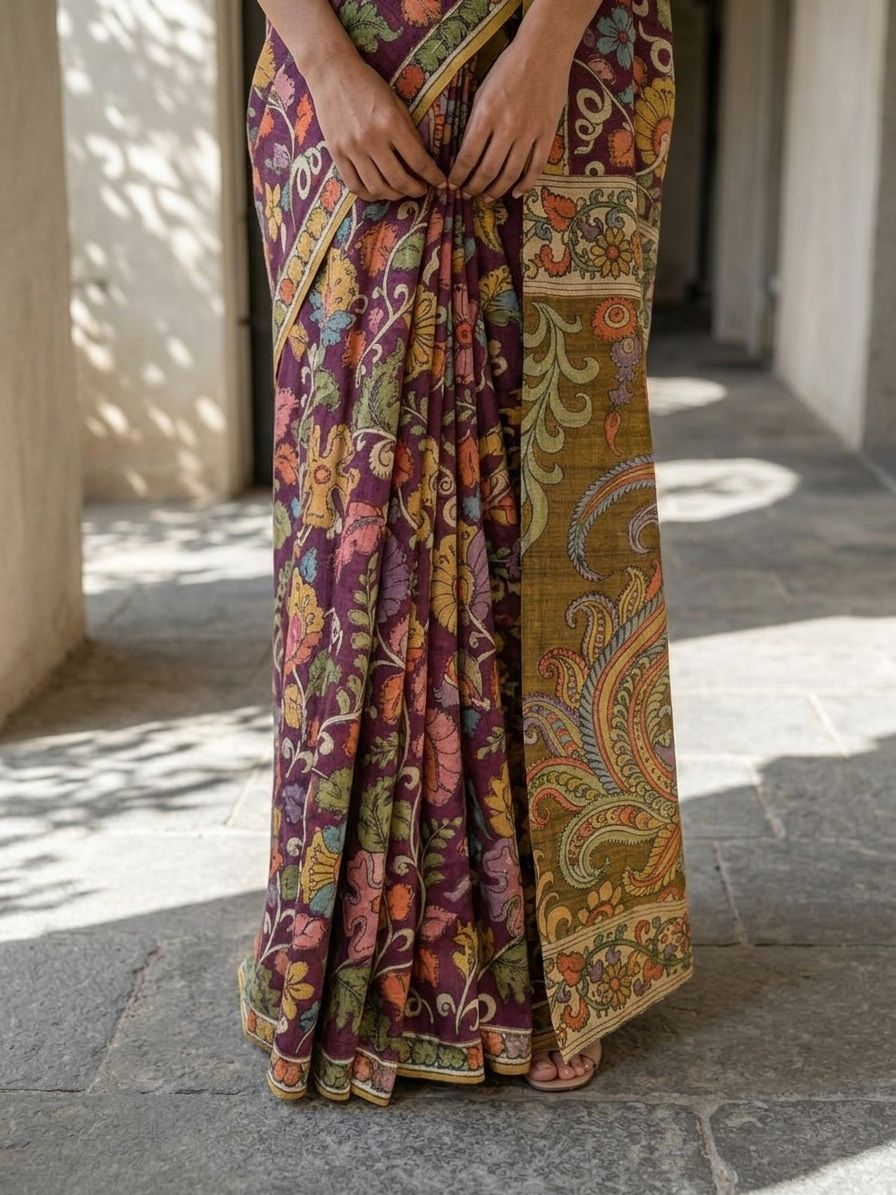 Maroon Lotus Kalamkari On Banarasi ArtSilk Fabric