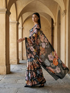 MIdnight Black Floral Design Saree on Mulberry Silk Fabric