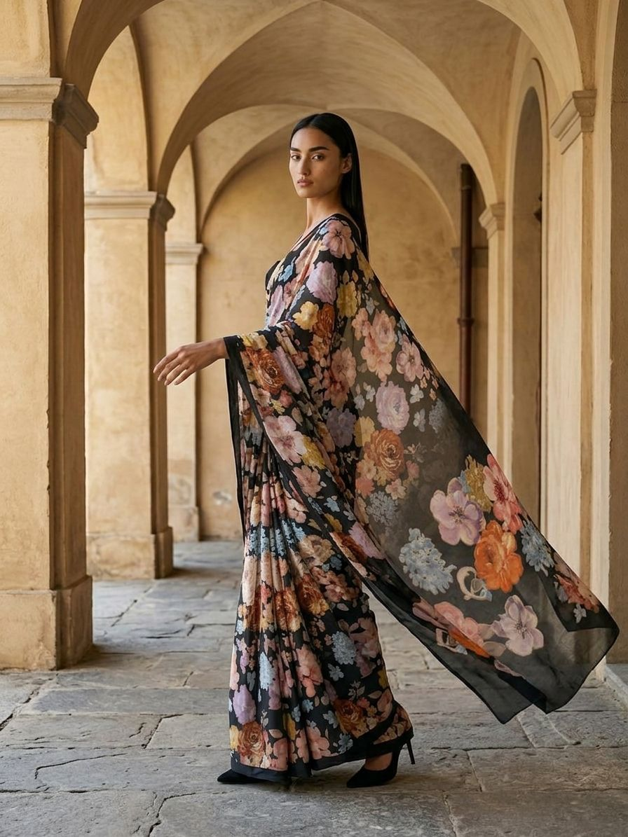 MIdnight Black Floral Design Saree on Mulberry Silk Fabric