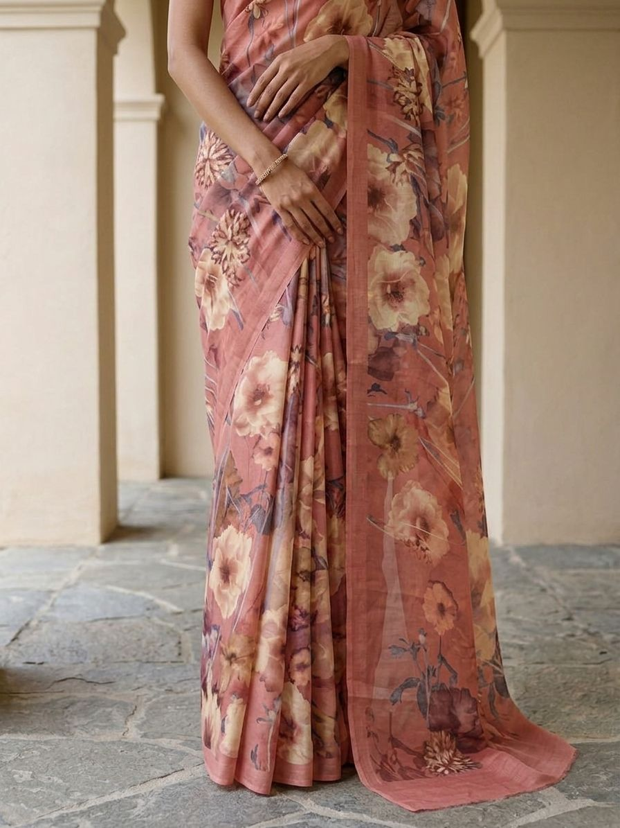 Dusty Rose Floral On Mulberry Silk Saree