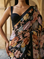 MIdnight Black Floral Design Saree on Mulberry Silk Fabric