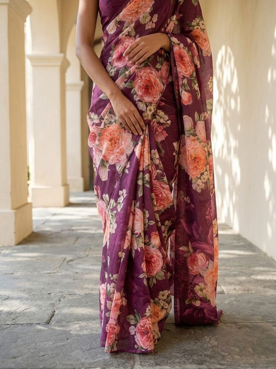 Maroon Color  Flora Tusser silk Saree