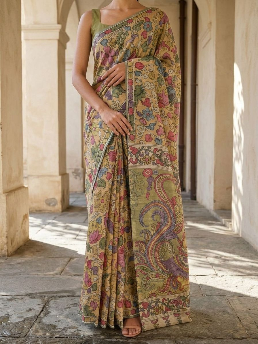 Mustard Yellow Lotus Kalamkari On Banarasi ArtSilk Fabric