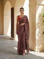 Red Rich Ajrakh Saree On Modal Satin Fabric