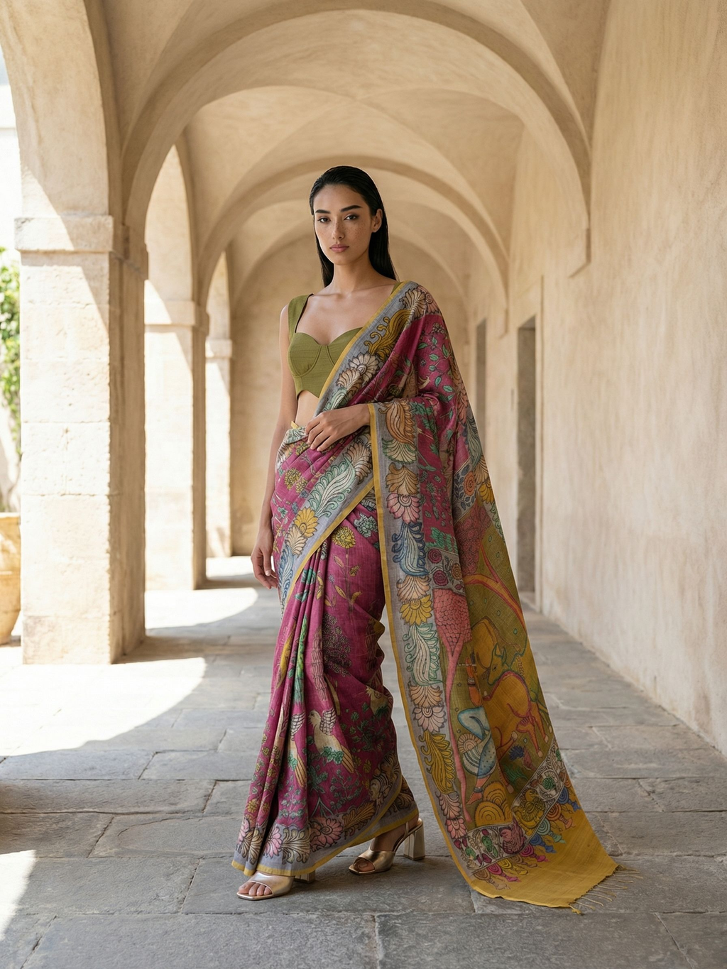 Red Kalamkari Saree on Banarasi Artsilk Fabric