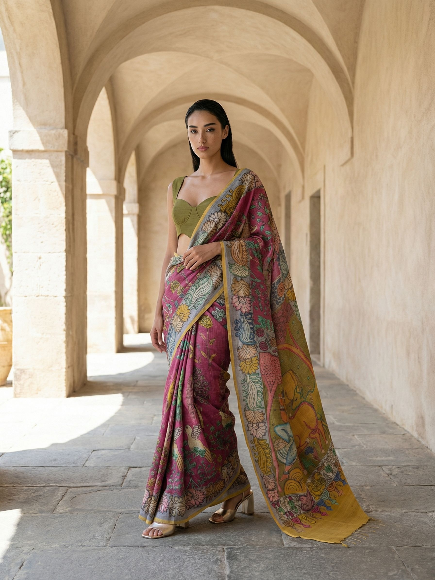 Red Kalamkari Saree on Banarasi Artsilk Fabric