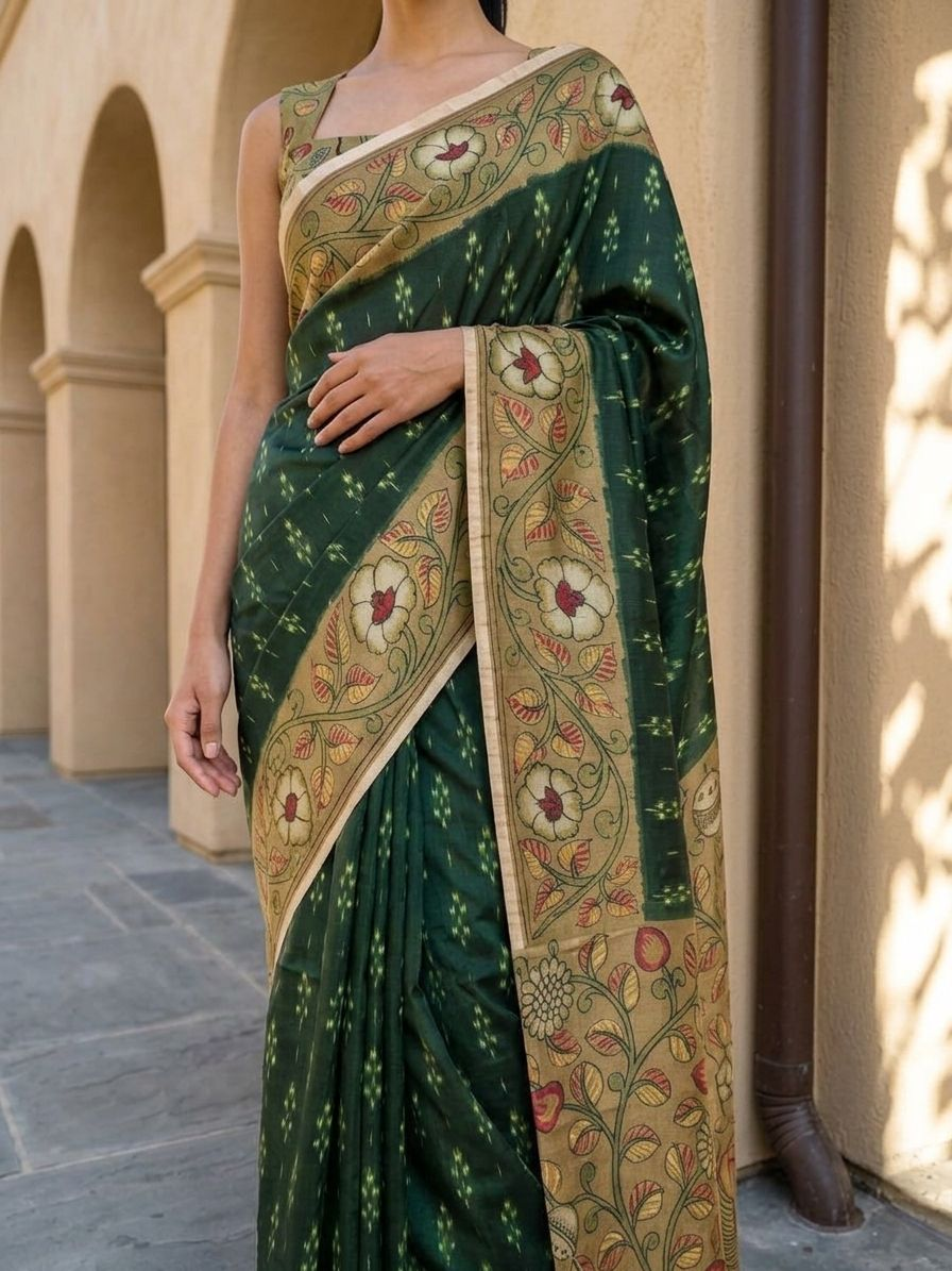 Deep Forest Green Ikkat With Kalamkari Print On Raw ArtSilk Fabric
