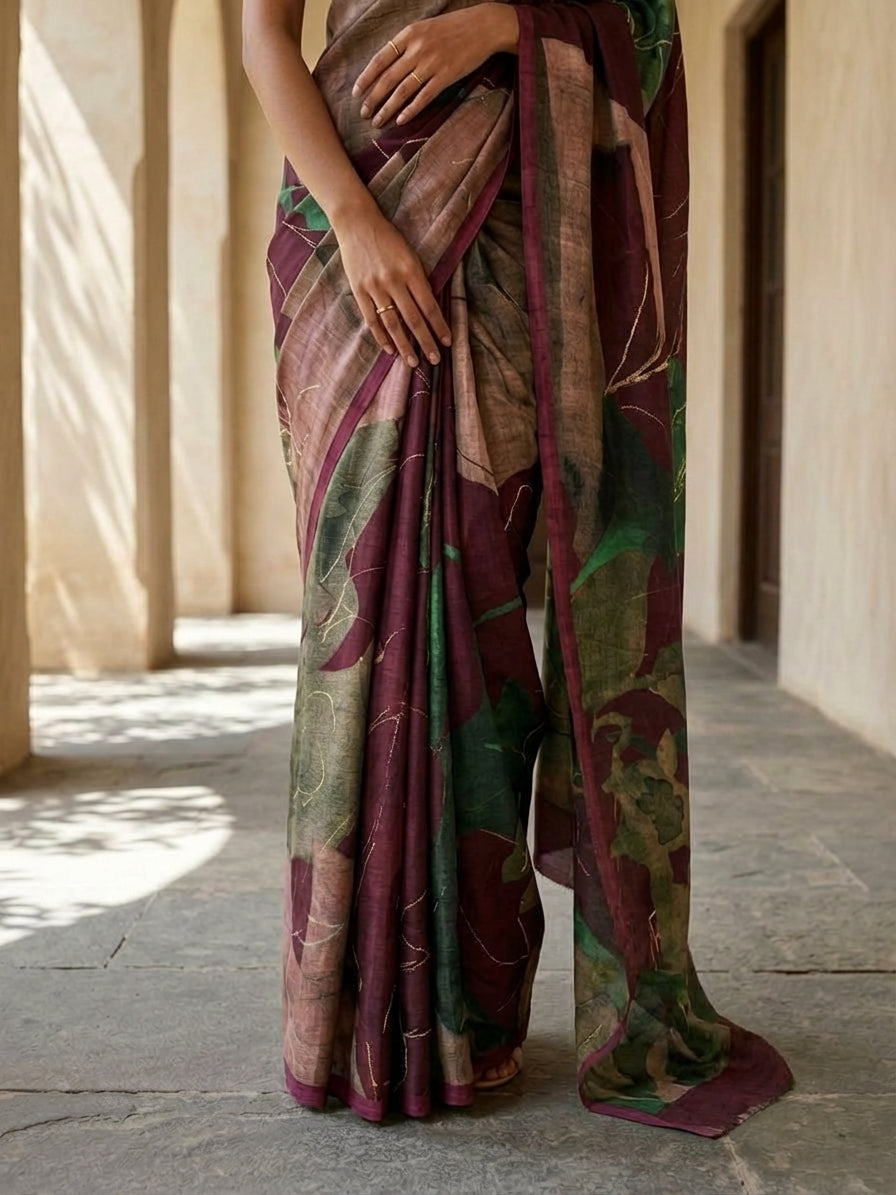 Maroon Color Abstract Digital Print Saree On Modal Satin