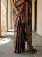 Maroon Color Abstract Digital Print Saree On Modal Satin