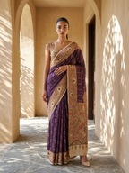Purple Ikkat With Kalamkari Print On Raw Art Silk Fabric