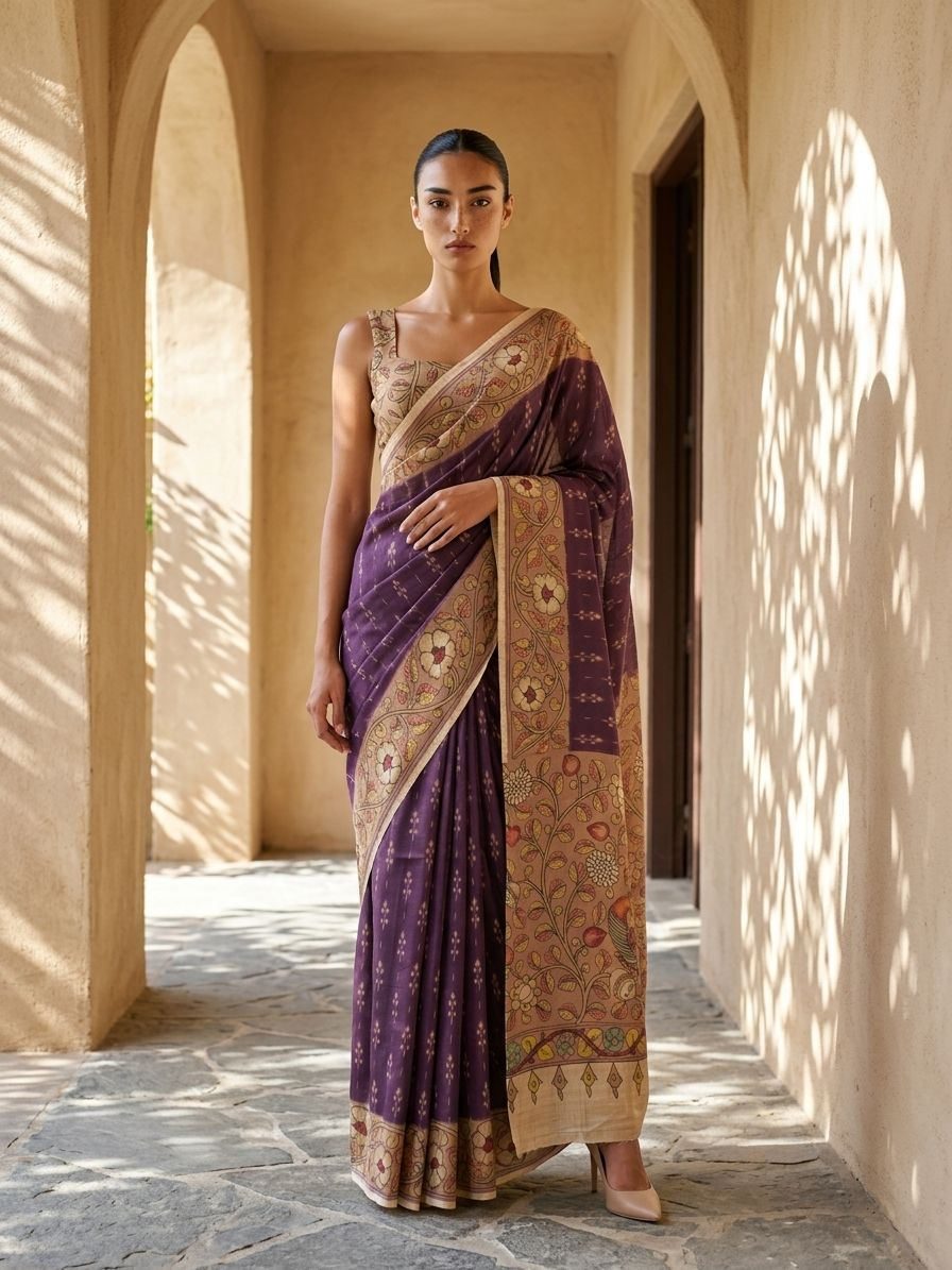 Purple Ikkat With Kalamkari Print On Raw Art Silk Fabric