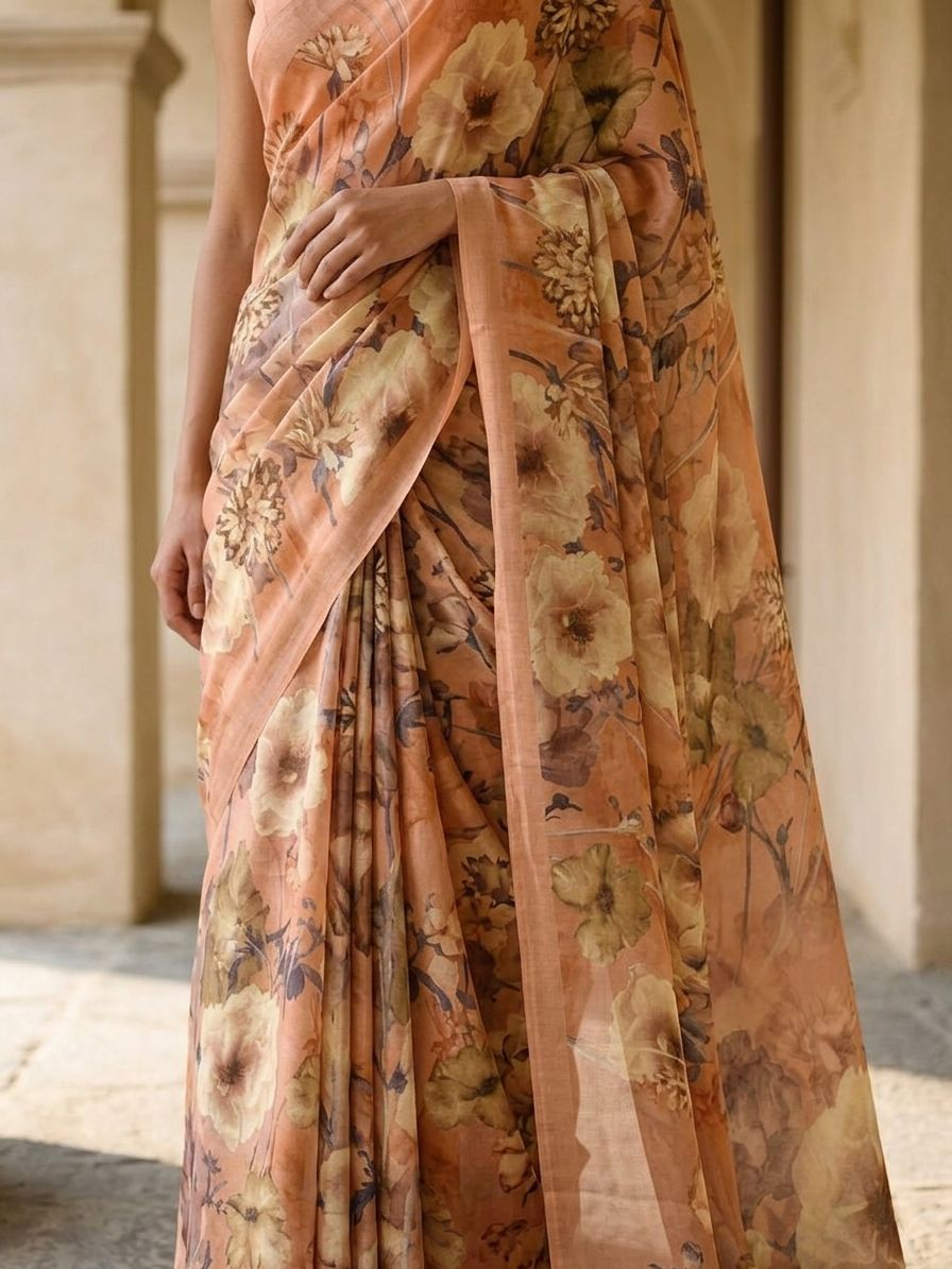 Beige Bloom Royale Mulberry Silk Saree