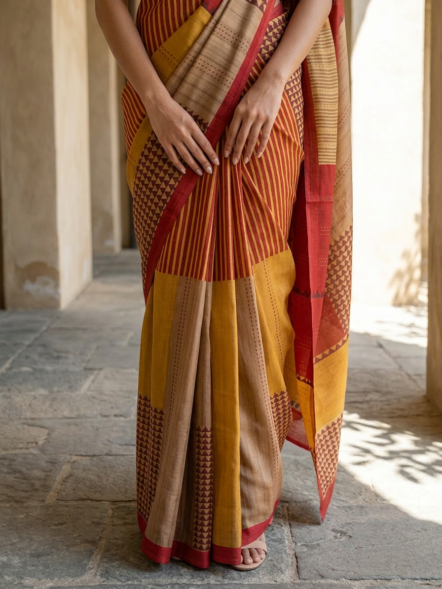 Red With Yellow Color Coral Geometric Pattern on Modal Satin Fabric