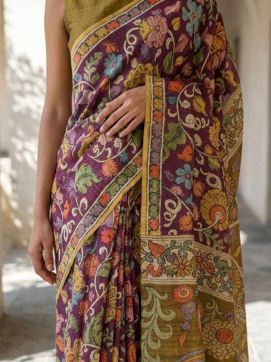 Maroon Lotus Kalamkari On Banarasi ArtSilk Fabric