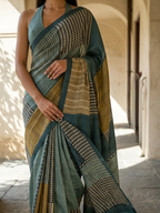 Navy Blue With Tusser Color Coral Geomteric Design On Modal Satin Fabric