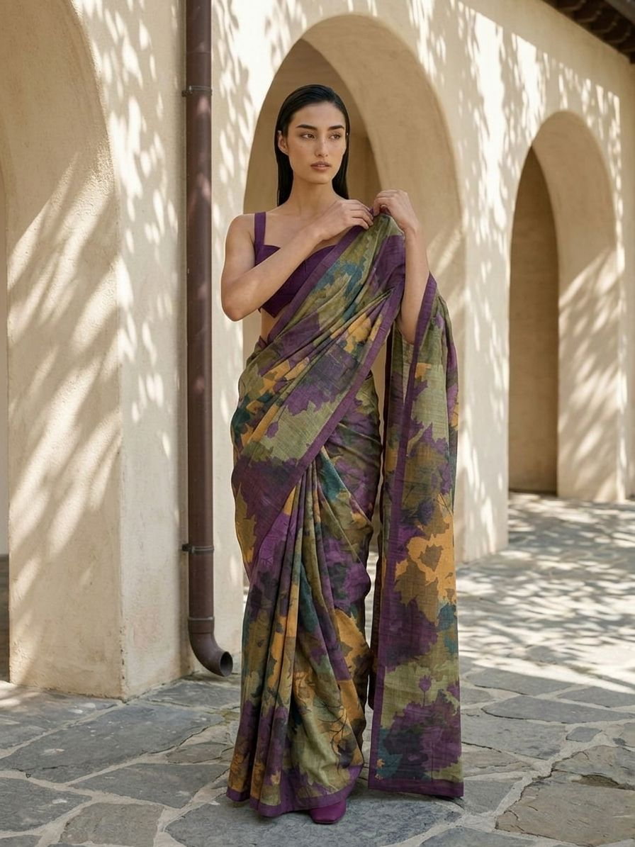 Maroon Color Geomteric Leaf Design On Raw Artsilk Fabric
