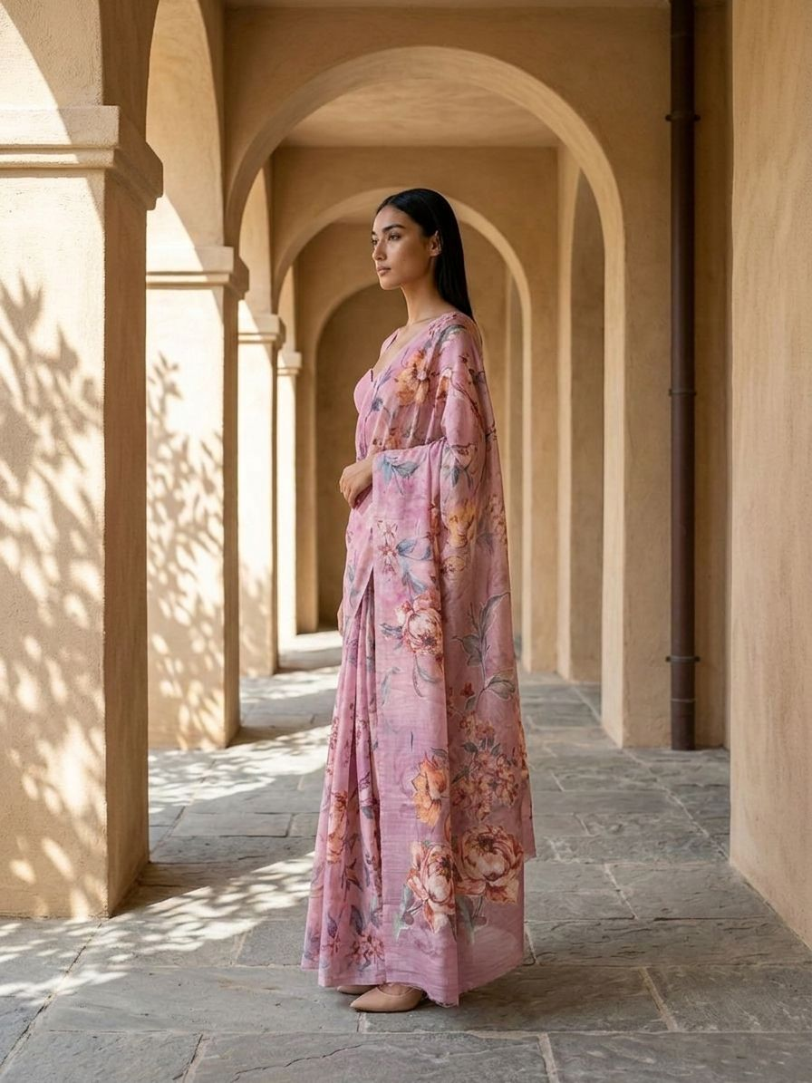 Gul Saree - Unique FLoral Design Digital Print On Tusser Silk