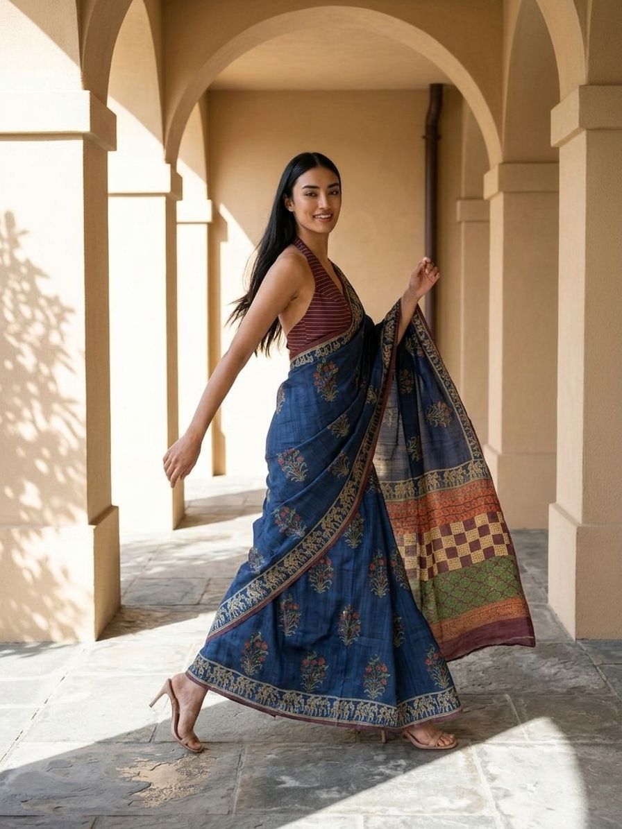 Ajarak Block With Bagru Print  On Tusser Silk Saree