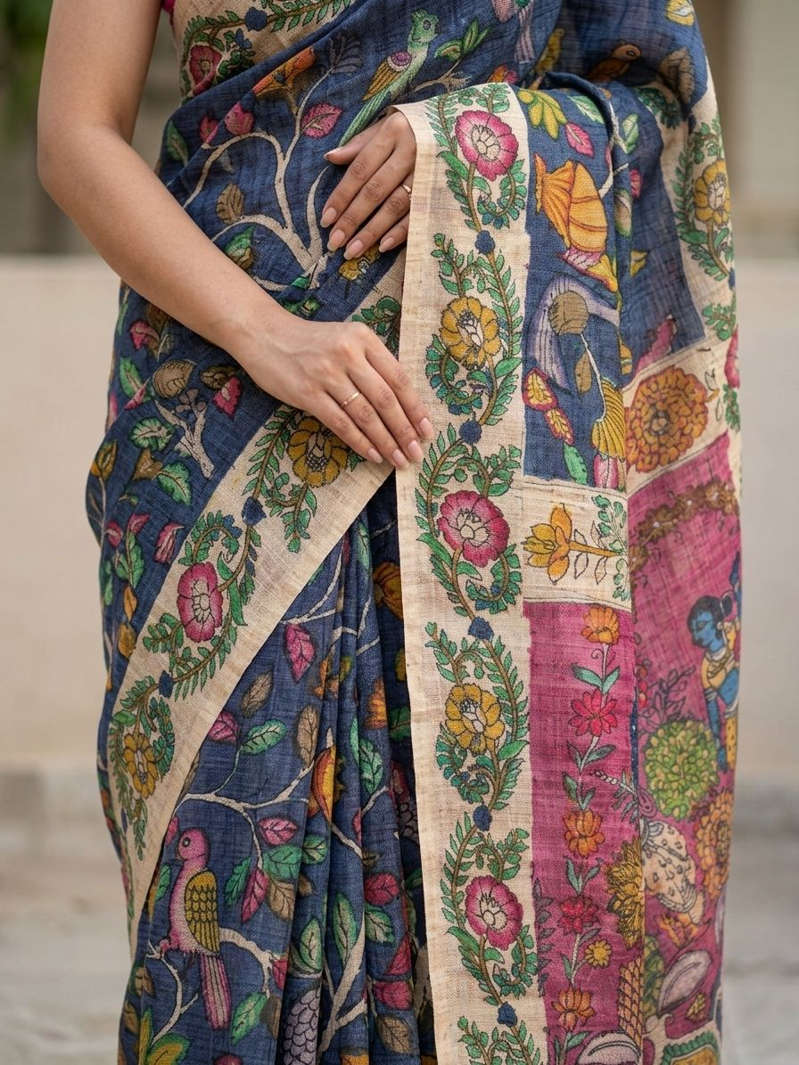Deep Blue Color Kalamkari Print on Banarasi ArtSilk Saree