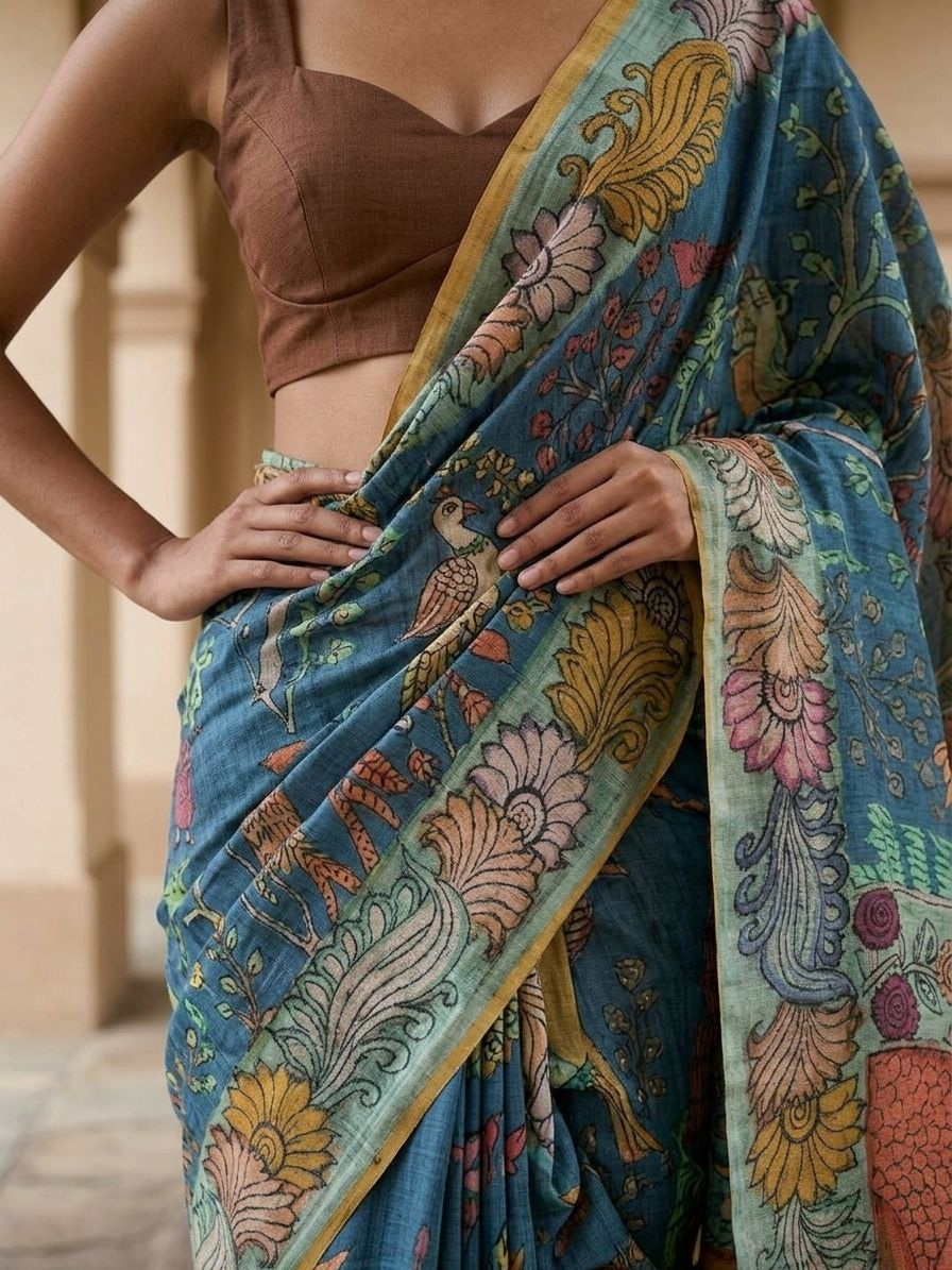 Blue Kalamkari Saree on Banarasi ArtSilk Fabric